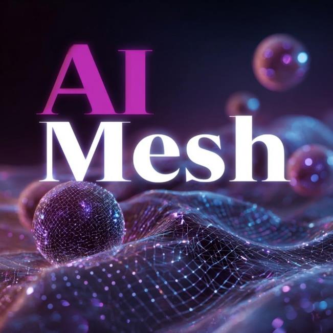 A purple and white text over a wavy surface with spheres
