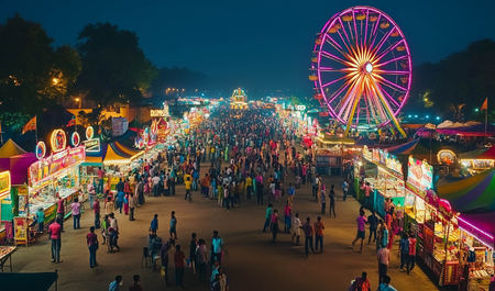 A vibrant night carnival with a lit Ferris wheel, colorful stalls, and a lively crowd. The scene conveys excitement and a festive atmosphere.