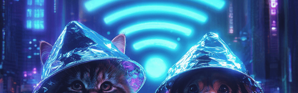 A cat and dog wearing shiny capes and hats - Debunking Wifi Myths Blog