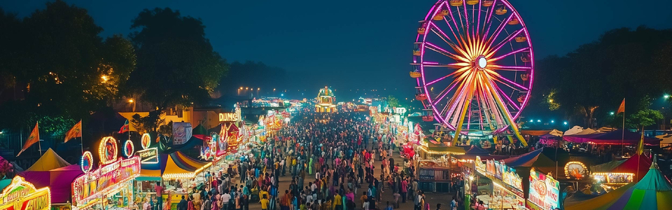 A vibrant night carnival with a lit Ferris wheel, colorful stalls, and a lively crowd. The scene conveys excitement and a festive atmosphere.