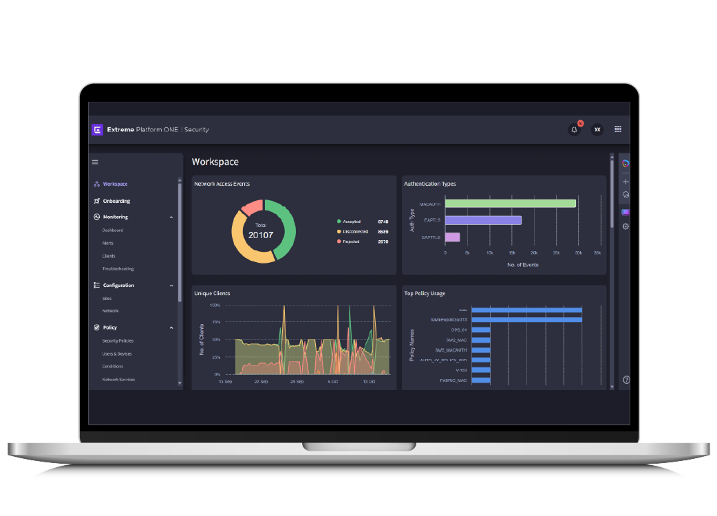 Image of a laptop screen displaying Extreme Platform ONE Security dashboard with analytics, insights, and usage combined into one for enhanced enterprise network security.